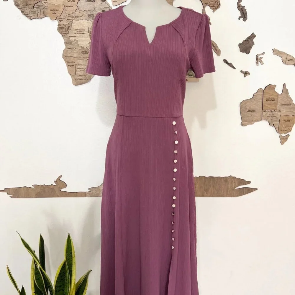 VFSHOW Women Pleated Notch Neck Purple Dress- Small - Picture 1 of 3
